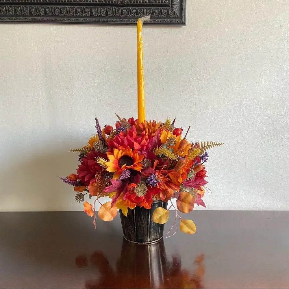 Faux Floral Candle Centerpiece With Sunflowers/Mums